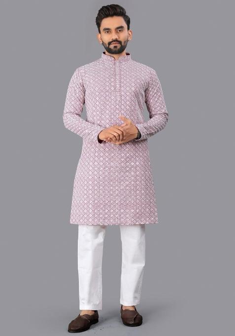 Pink Embroidered Cotton Kurta Pajama For Men