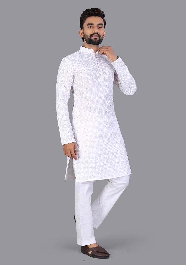 White Embroidered Cotton Kurta Pajama For Men - Indya