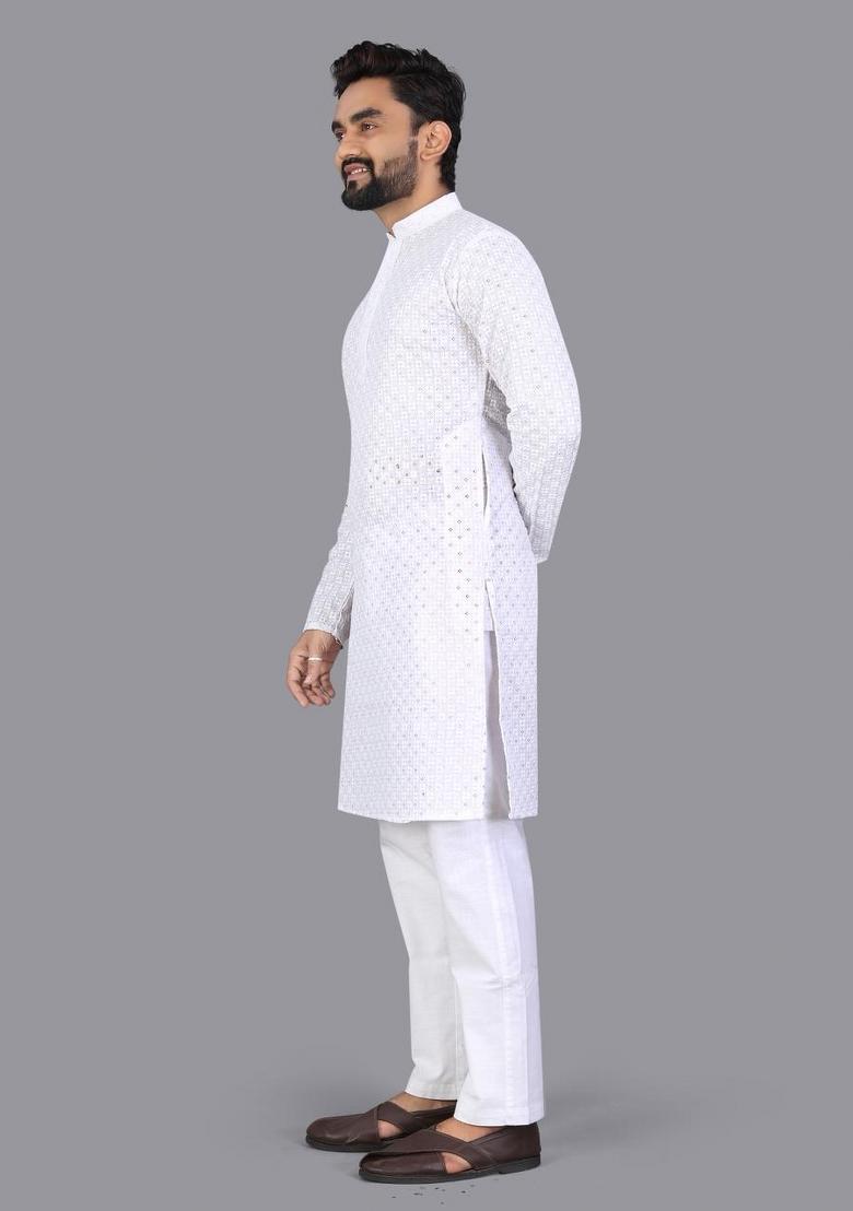 White Embroidered Cotton Kurta Pajama For Men - Indya