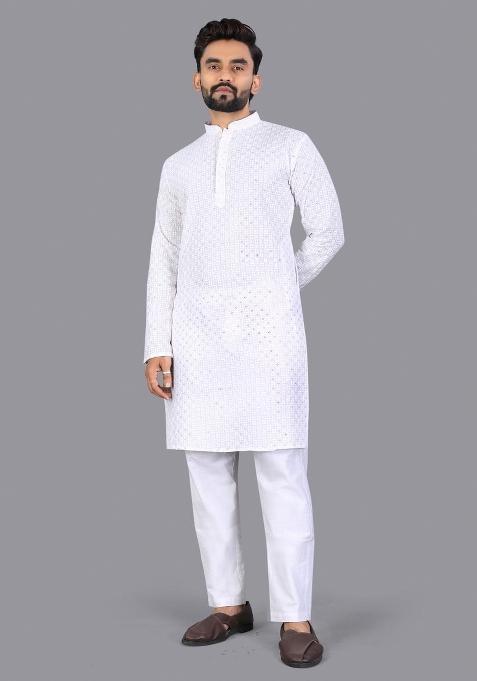 White Embroidered Cotton Kurta Pajama For Men