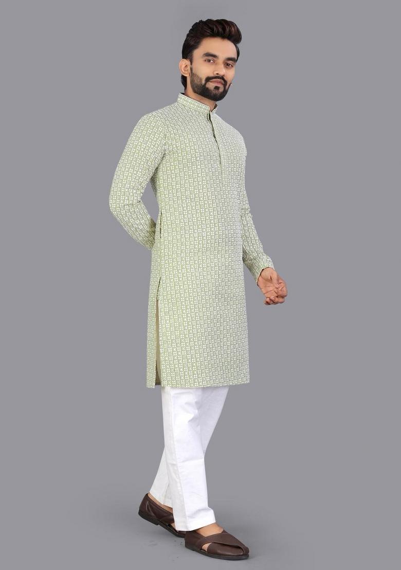 Pista Embroidered Cotton Kurta Pajama For Men - Indya