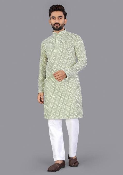 Pista Embroidered Cotton Kurta Pajama For Men