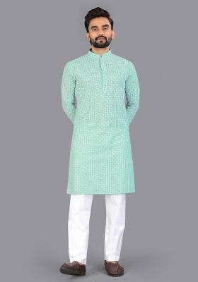 Aqua Green Embroidered Cotton Kurta Pajama For Men