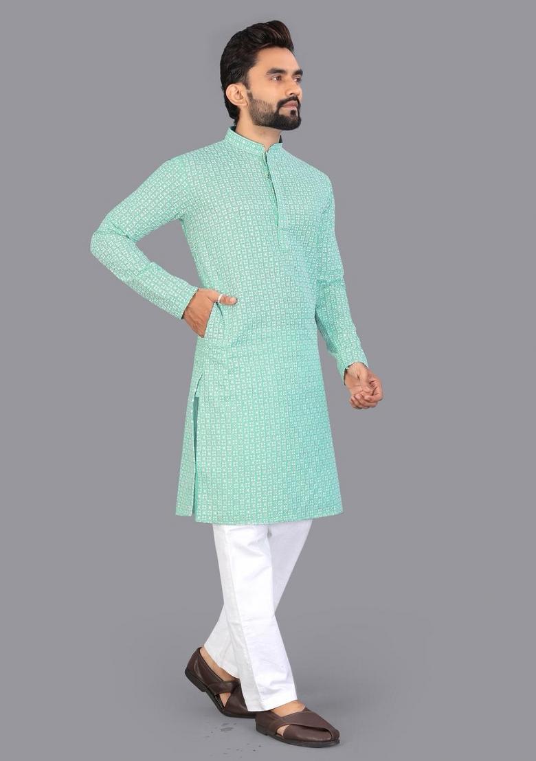 Aqua Green Embroidered Cotton Kurta Pajama For Men - Indya