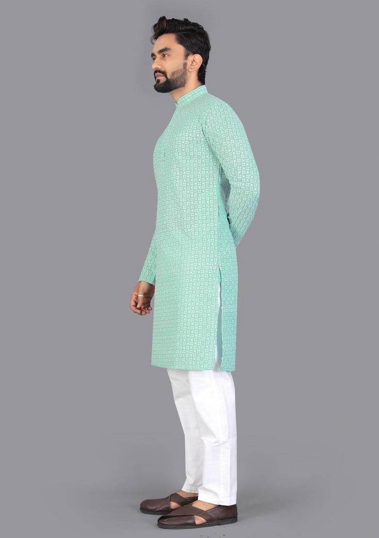 Aqua Green Embroidered Cotton Kurta Pajama For Men - Indya