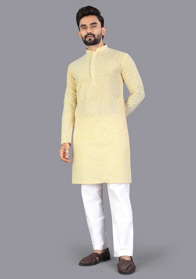 Yellow Embroidered Cotton Kurta Pajama For Men - Indya