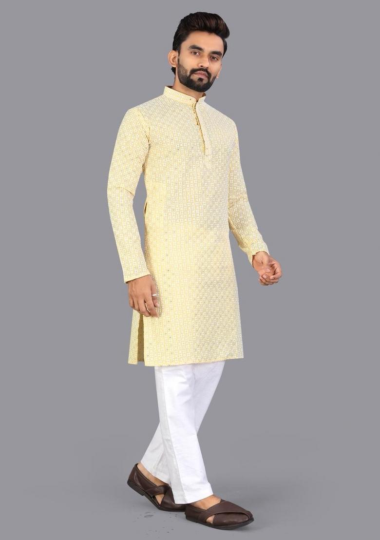 Yellow Embroidered Cotton Kurta Pajama For Men - Indya