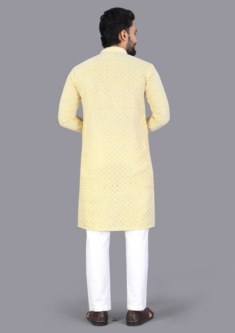 Yellow Embroidered Cotton Kurta Pajama For Men - Indya