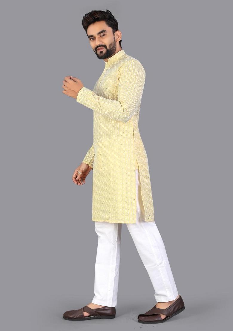 Yellow Embroidered Cotton Kurta Pajama For Men - Indya