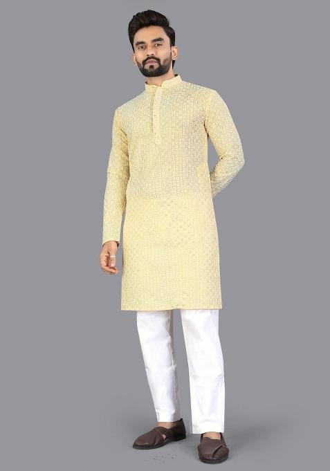 Yellow Embroidered Cotton Kurta Pajama For Men