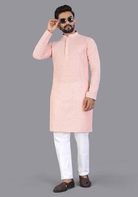 Peach Embroidered Cotton Kurta Pajama For Men