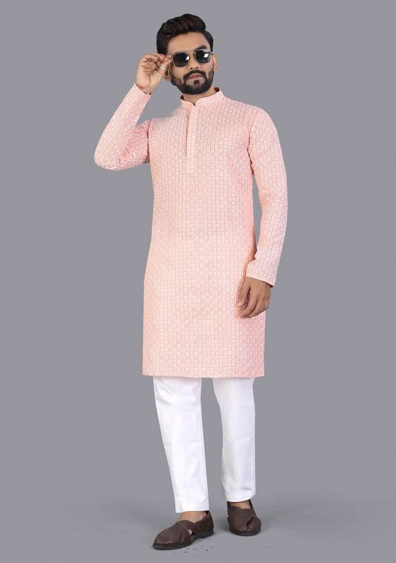 Peach Embroidered Cotton Kurta Pajama For Men - Indya