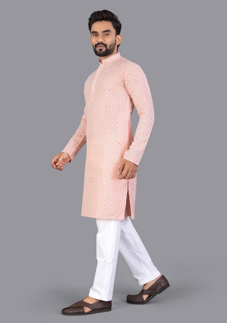 Peach Embroidered Cotton Kurta Pajama For Men - Indya