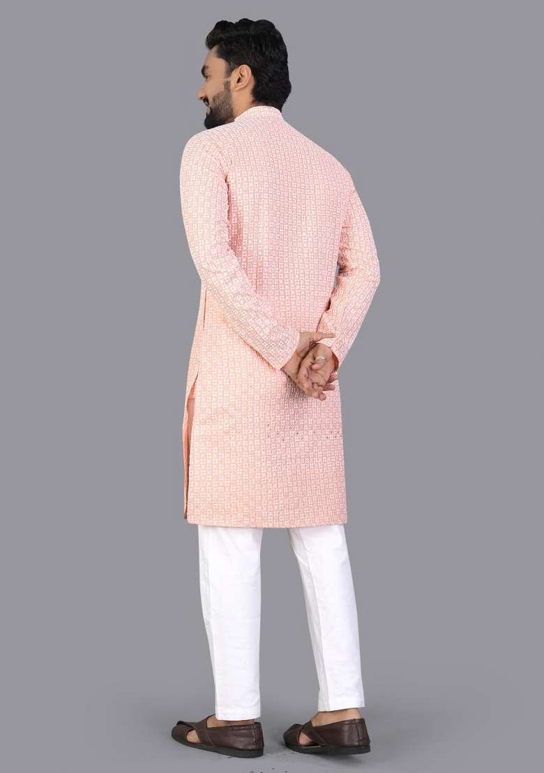 Peach Embroidered Cotton Kurta Pajama For Men - Indya
