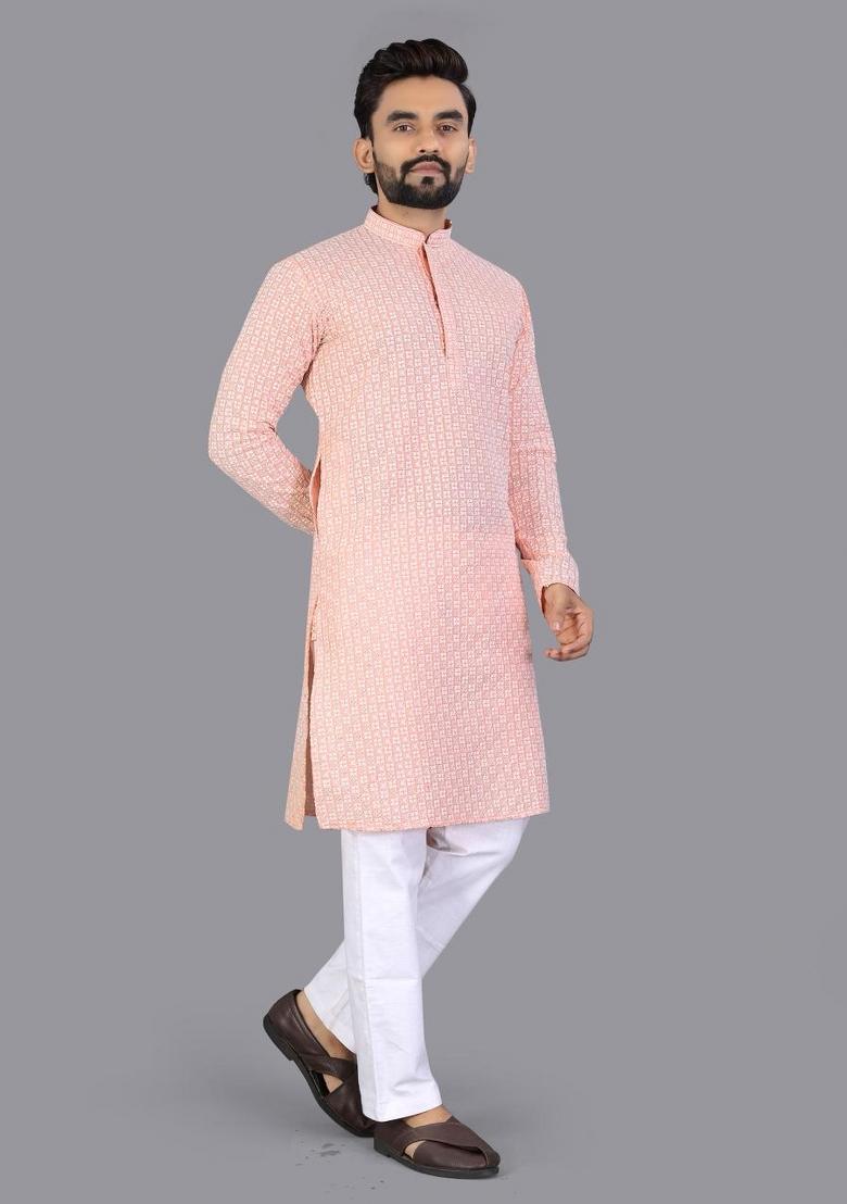 Peach Embroidered Cotton Kurta Pajama For Men - Indya