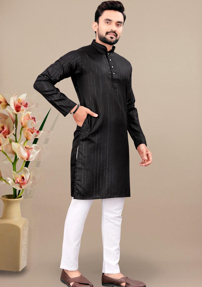 Black Lining Work Cotton Kurta Pajama For Men - Indya
