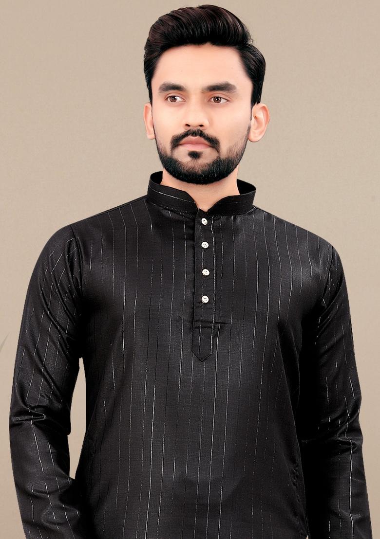 Black Lining Work Cotton Kurta Pajama For Men - Indya