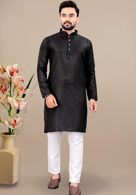 Black Lining Work Cotton Kurta Pajama For Men