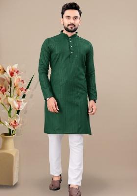 Green Lining Work Cotton Kurta Pajama For Men