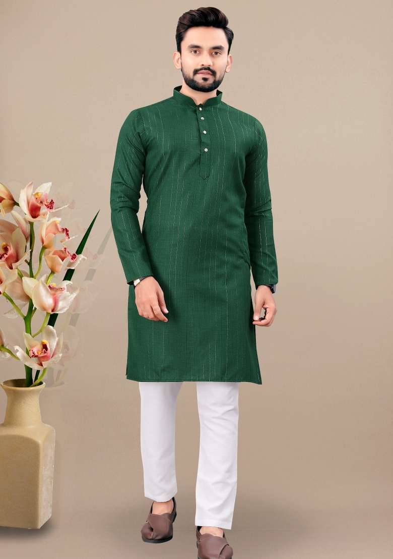 Green Lining Work Cotton Kurta Pajama For Men - Indya