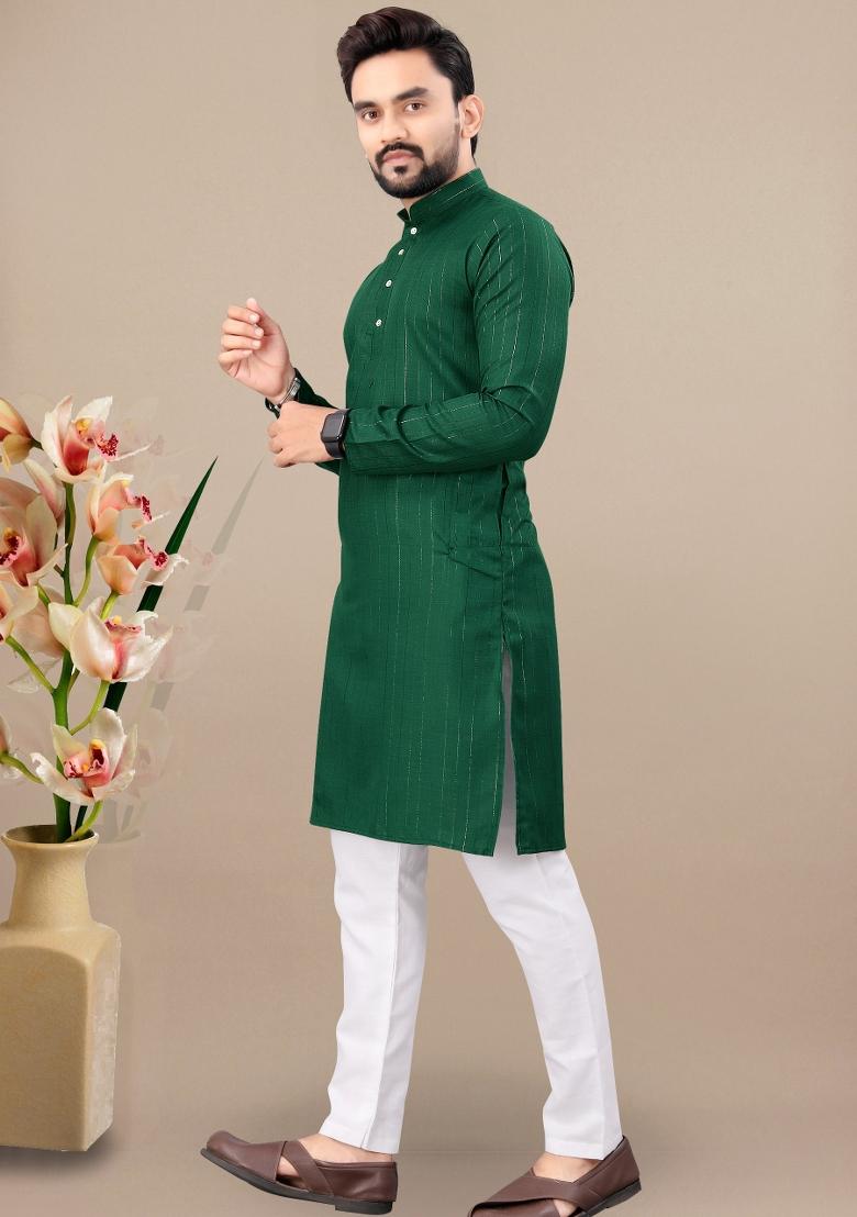 Green Lining Work Cotton Kurta Pajama For Men - Indya