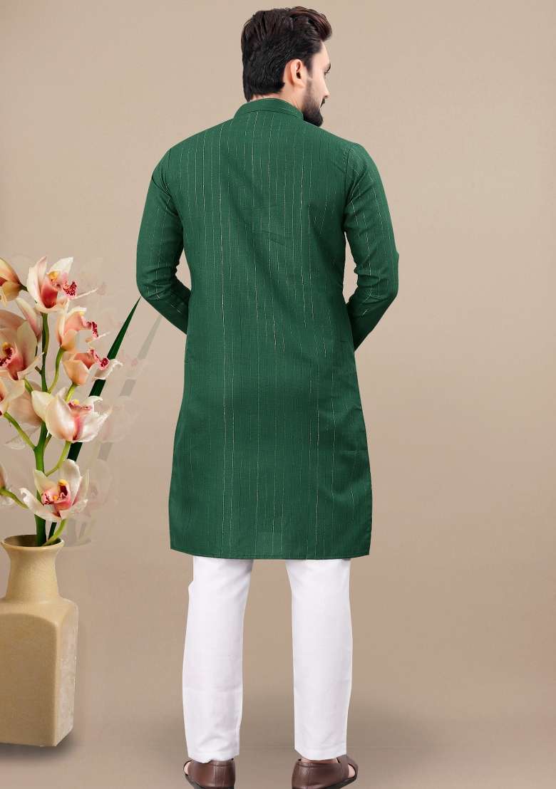 Green Lining Work Cotton Kurta Pajama For Men - Indya