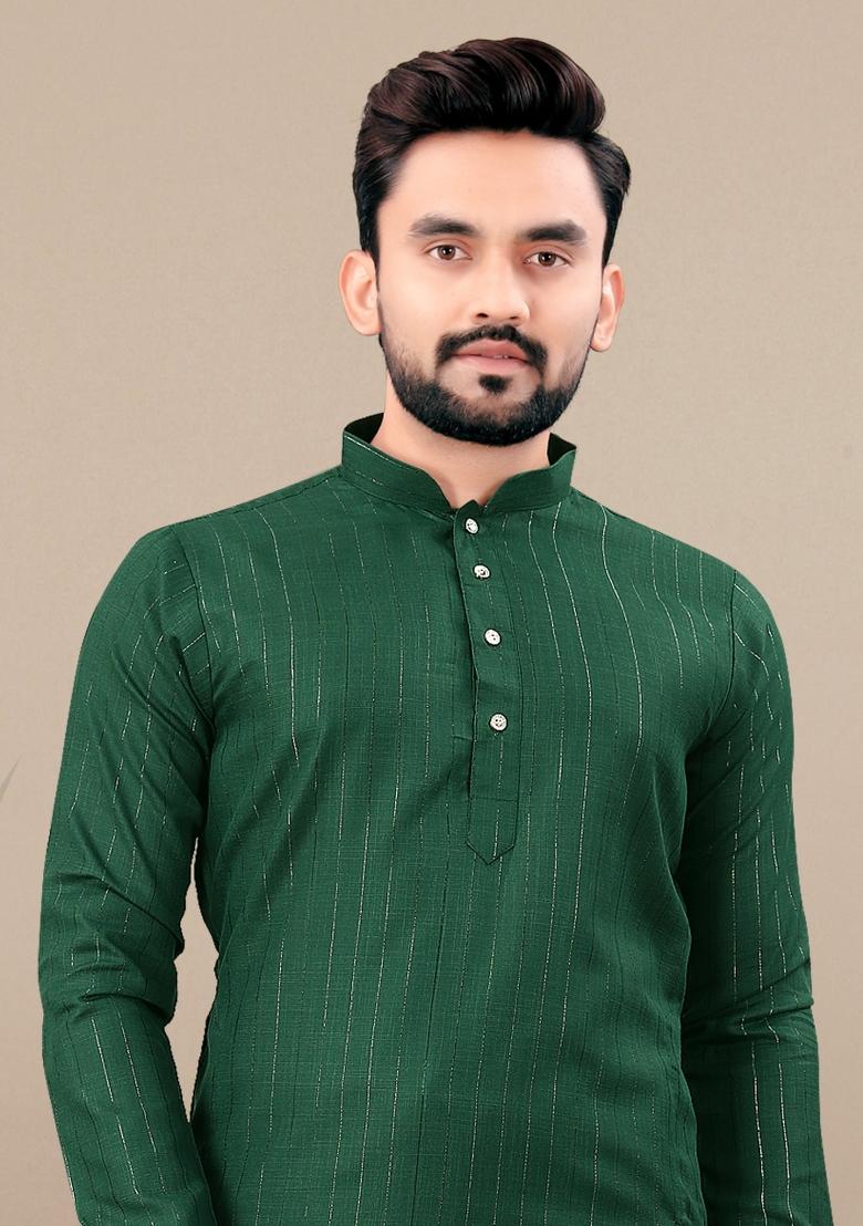 Green Lining Work Cotton Kurta Pajama For Men - Indya