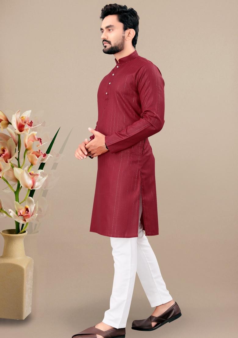 Maroon Lining Work Cotton Kurta Pajama For Men - Indya