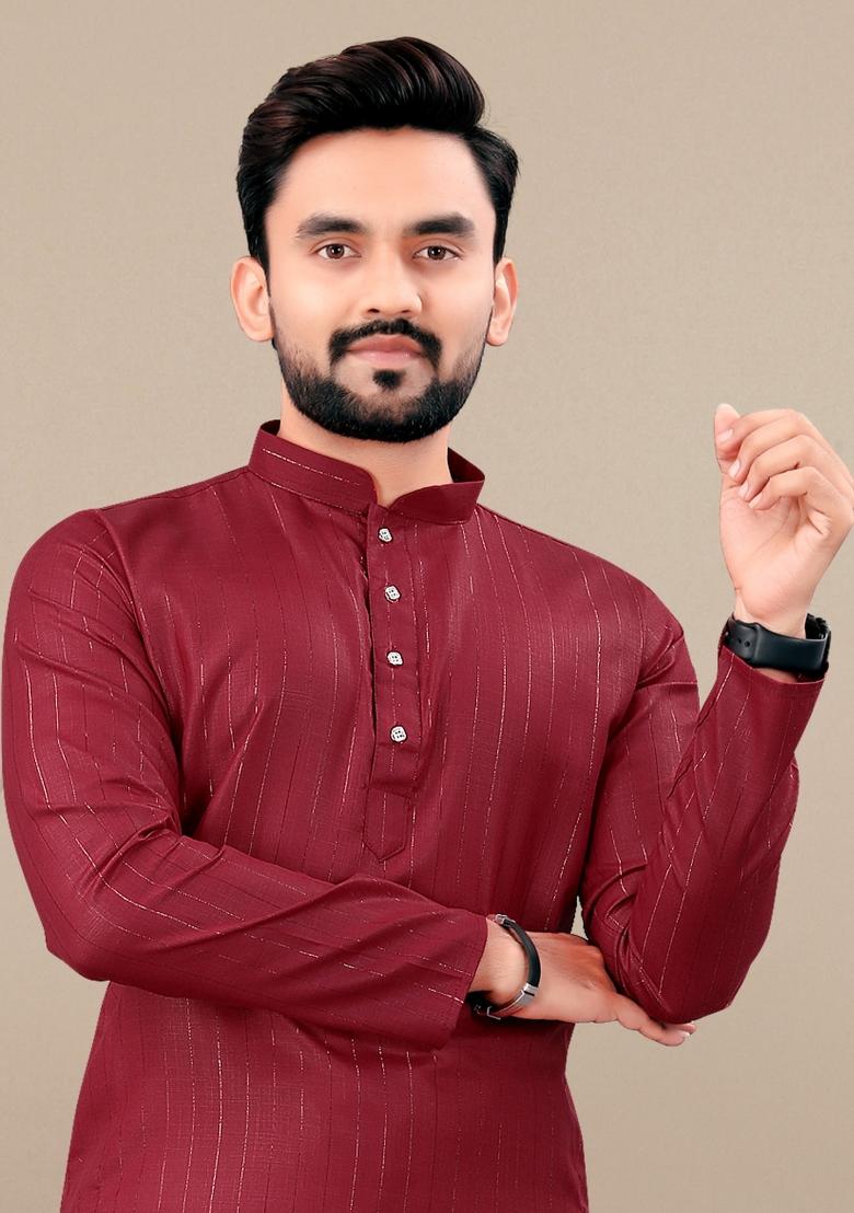 Maroon Lining Work Cotton Kurta Pajama For Men - Indya