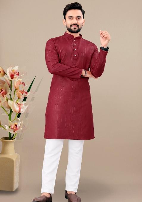 Maroon Lining Work Cotton Kurta Pajama For Men