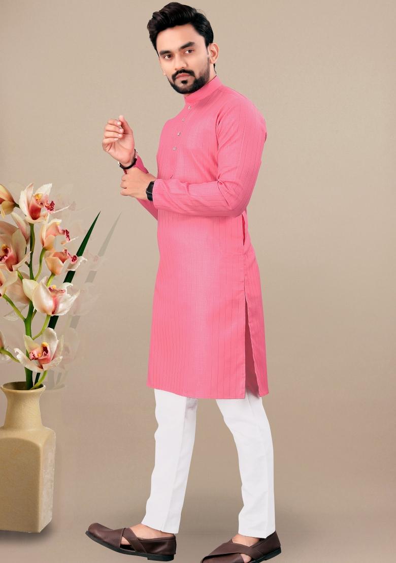 Pink Lining Work Cotton Kurta Pajama For Men - Indya