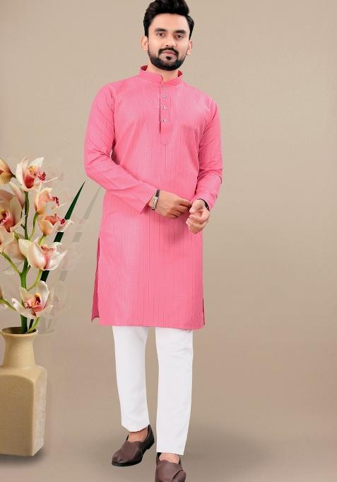 Pink Lining Work Cotton Kurta Pajama For Men