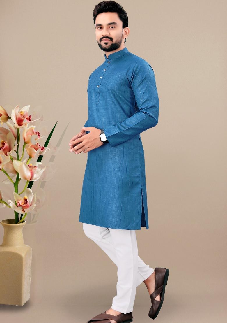 Rama Lining Work Cotton Kurta Pajama For Men - Indya