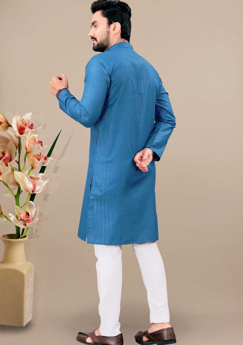 Rama Lining Work Cotton Kurta Pajama For Men - Indya