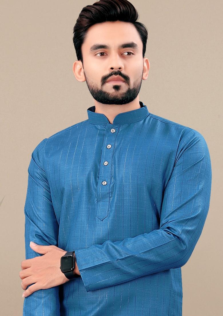 Rama Lining Work Cotton Kurta Pajama For Men - Indya