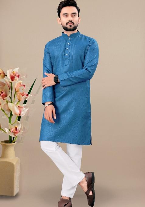 Rama Lining Work Cotton Kurta Pajama For Men