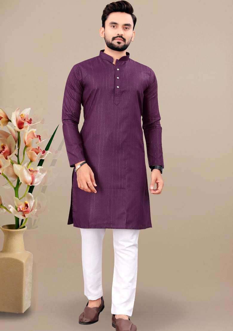 Wine Lining Work Cotton Kurta Pajama For Men - Indya