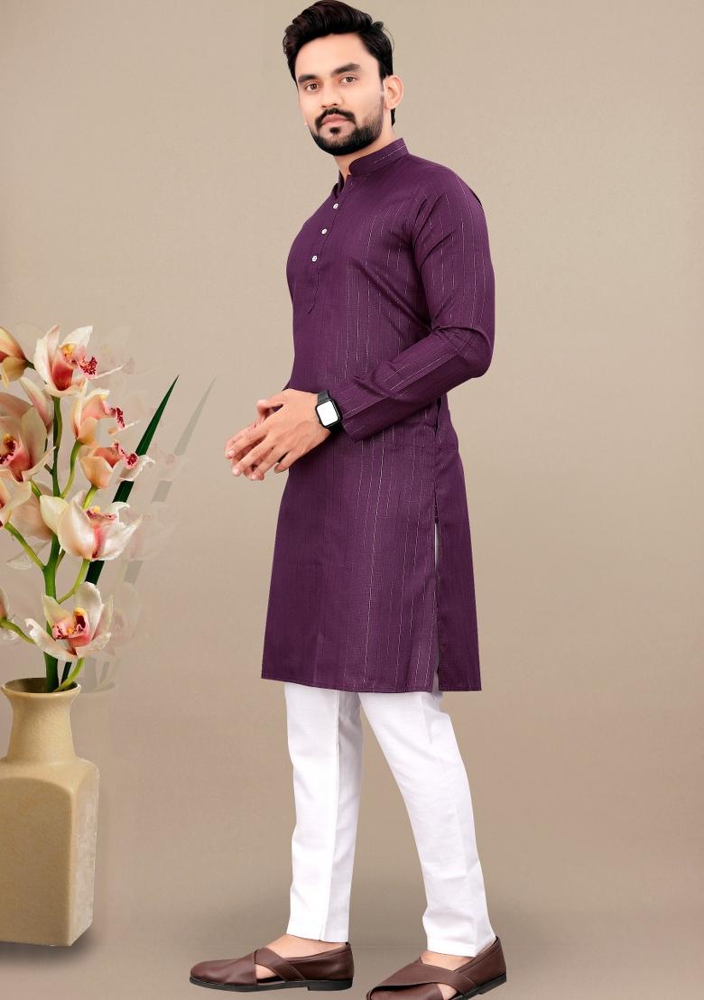 Wine Lining Work Cotton Kurta Pajama For Men - Indya
