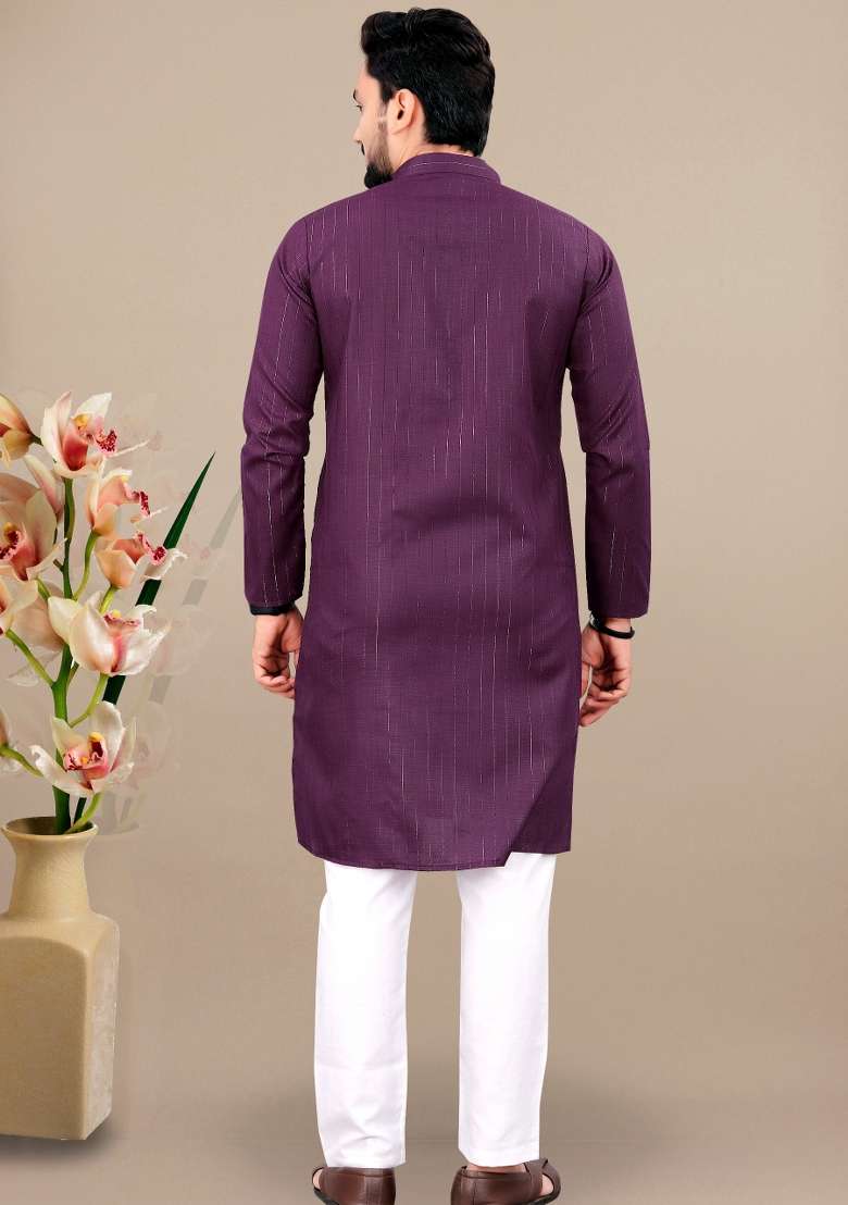 Wine Lining Work Cotton Kurta Pajama For Men - Indya