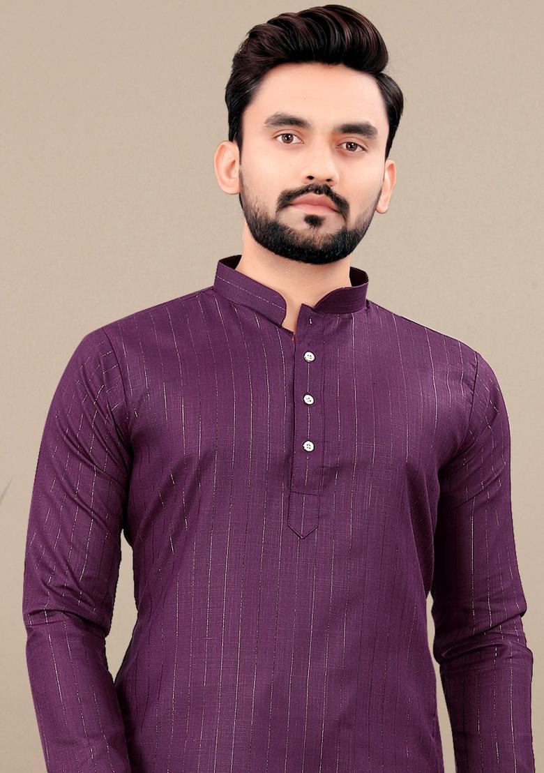 Wine Lining Work Cotton Kurta Pajama For Men - Indya