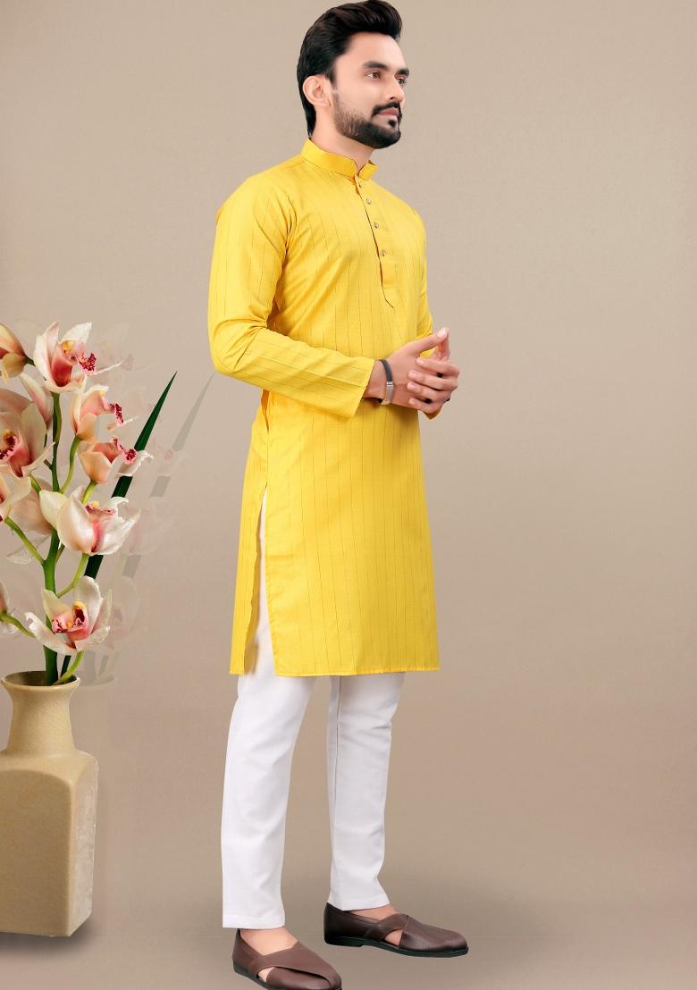 Yellow Lining Work Cotton Kurta Pajama For Men - Indya