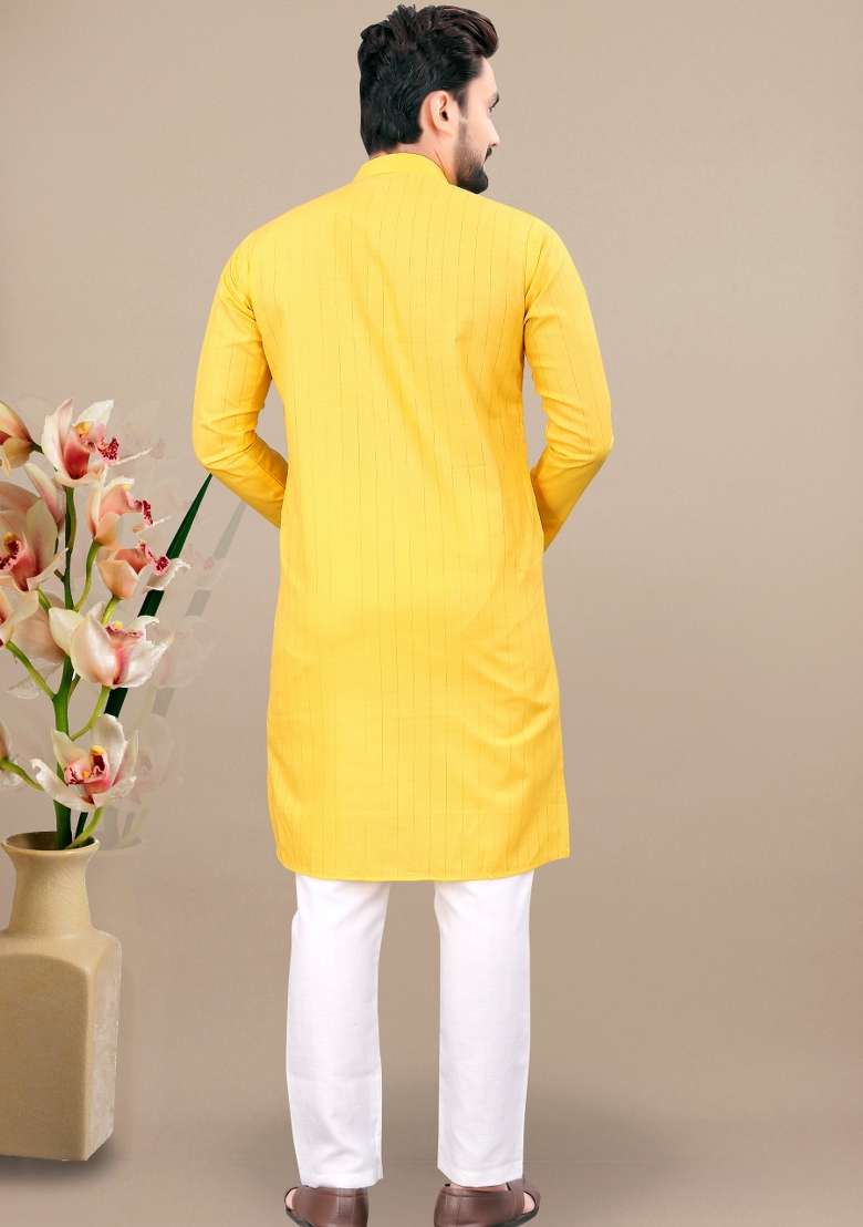 Yellow Lining Work Cotton Kurta Pajama For Men - Indya
