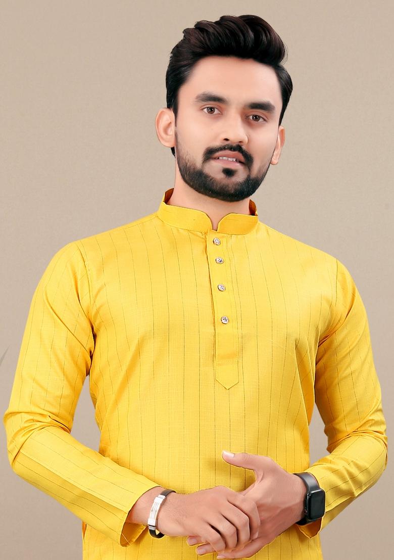 Yellow Lining Work Cotton Kurta Pajama For Men - Indya