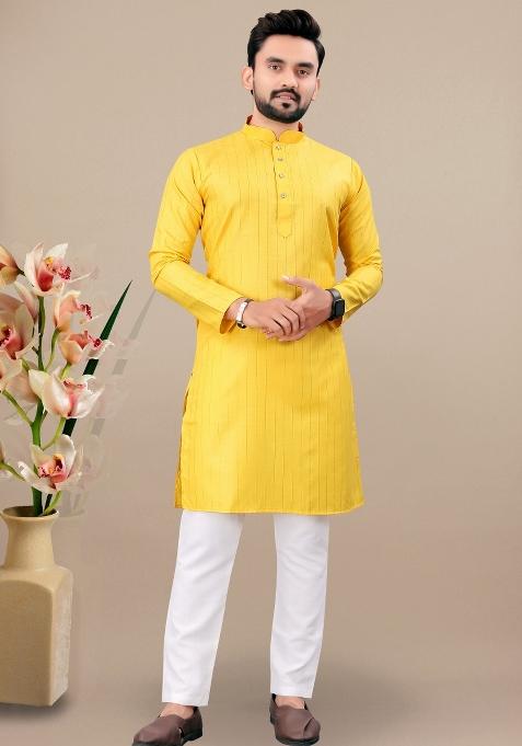 Yellow Lining Work Cotton Kurta Pajama For Men