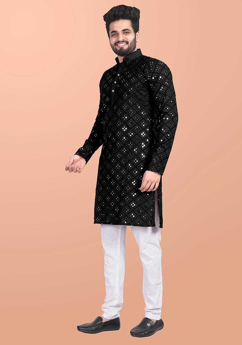 Black Mirror Work Cotton Kurta Pajama For Men - Indya
