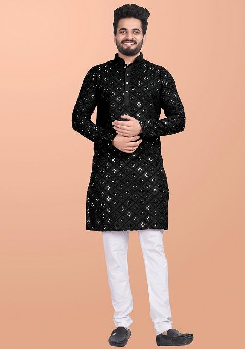 Black Mirror Work Cotton Kurta Pajama For Men