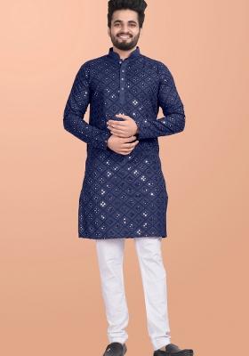 Blue Mirror Work Cotton Kurta Pajama For Men