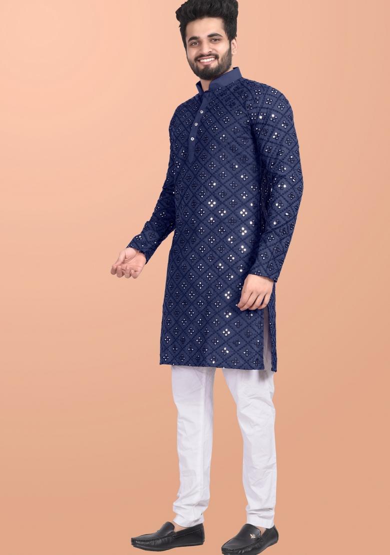 Blue Mirror Work Cotton Kurta Pajama For Men - Indya