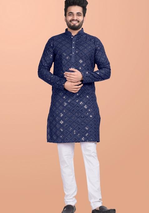 Blue Mirror Work Cotton Kurta Pajama For Men