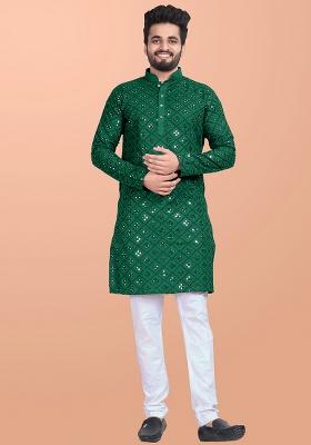 Green Mirror Work Cotton Kurta Pajama For Men